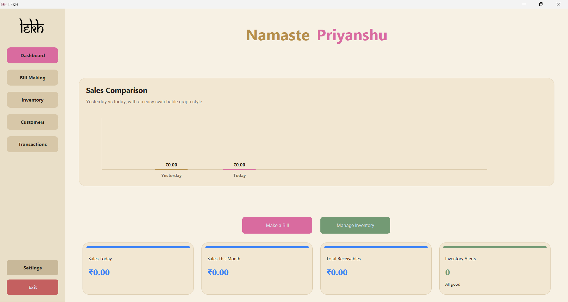 LEKH dashboard showing sales comparison, quick actions, receivables, and alerts